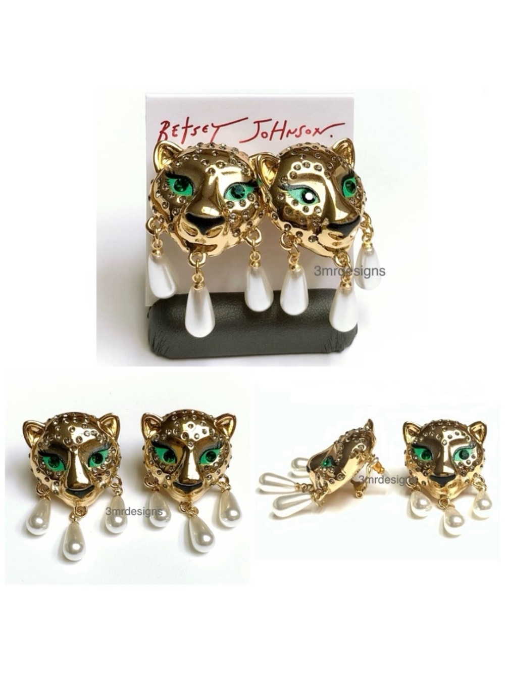 NWT Betsey Johnson💋LEOPARD HEAD/ BIG CAT Gold Tone Glass Stones/Faux Pearls Dro